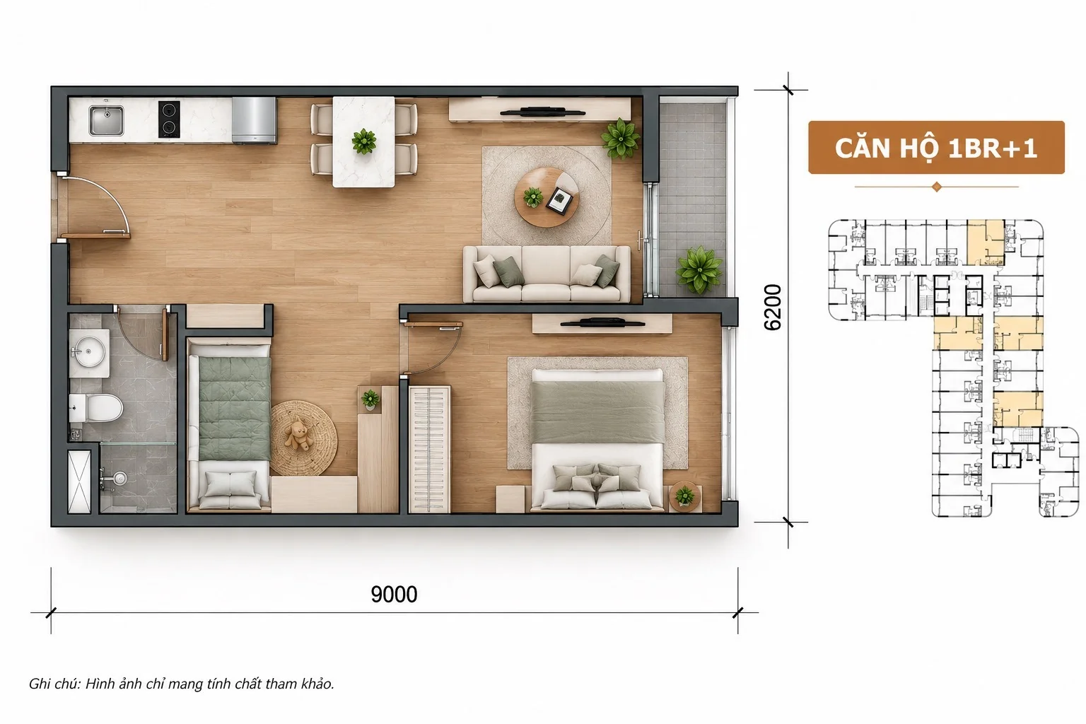 Layout căn 1PN+1 Sun Saphia